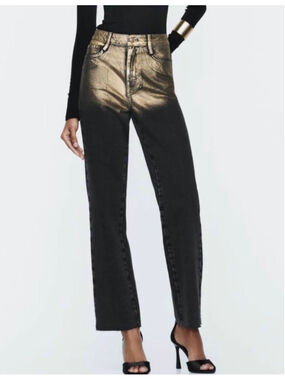 Zara New Gold Metallic Raw Hem Straight Leg Jeans